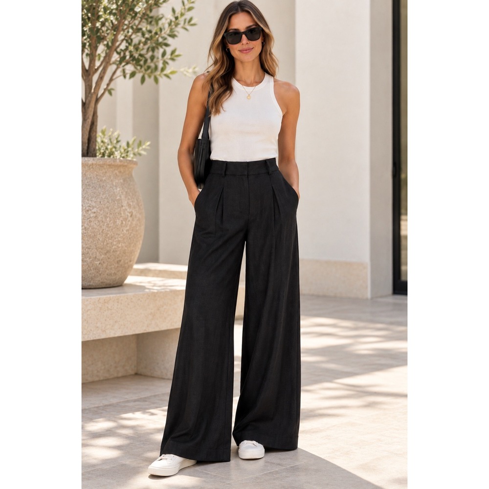 House of Harlow 1960 Black Pleated Wide Leg Linen Blend Pants Size 4